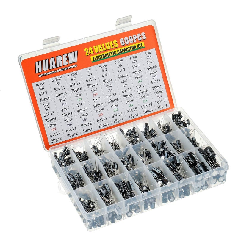 HUAREW 24 Values 600 Pcs 0.1 uF to1000 uF MFD 10 16 25 50 V Volt Aluminum Electrolytic Capacitor Assortment Kit - Image 2